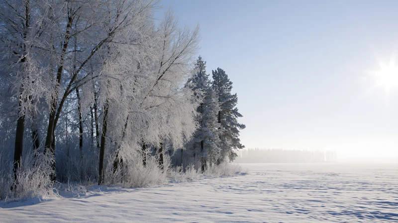 Snow-covered trees and pine forest along a frozen field under bright winter sunlight