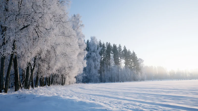 Snow-covered birch and pine trees lining a frozen field under clear morning sky