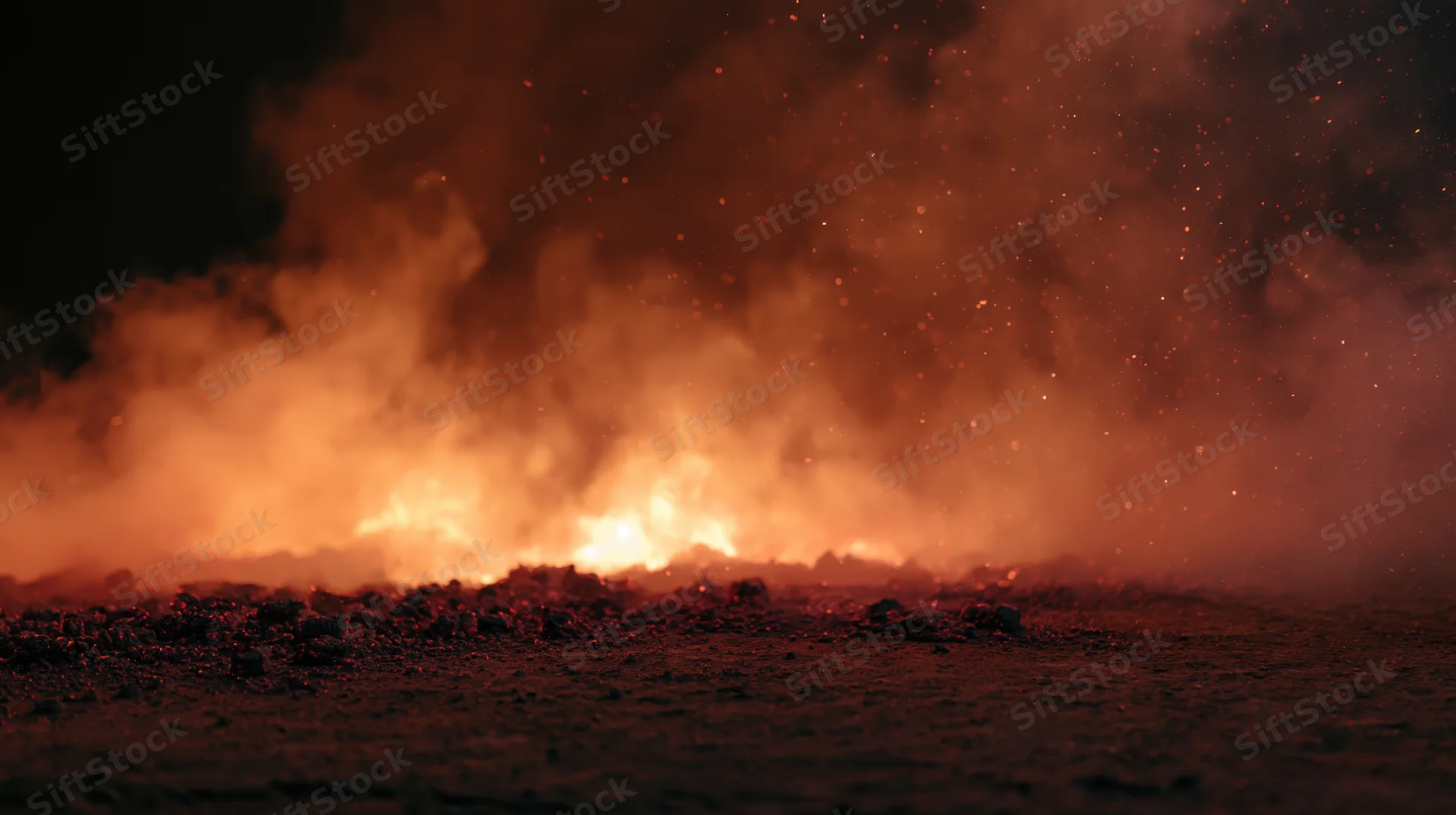 Intense fire burning across dark rocky terrain at night with rising smoke and embers