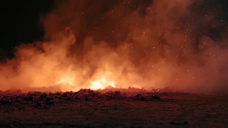 Intense fire burning across dark rocky terrain at night with rising smoke and embers