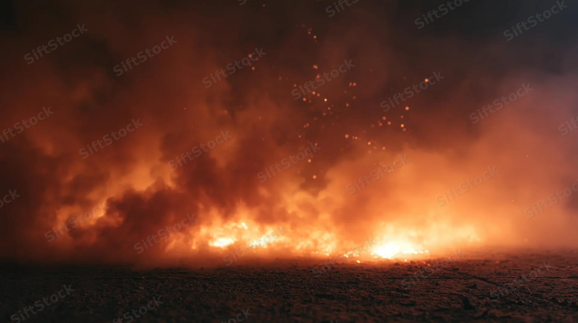 Intense wildfire burning across a dark landscape at night