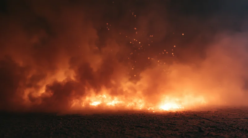 Intense wildfire burning across a dark landscape at night