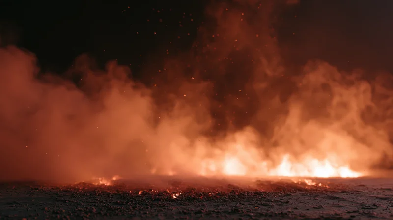 Intense fire burning across dark ground at night with rising smoke and sparks