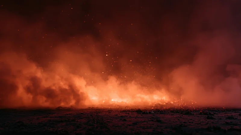 Lava erupting from a volcano at night, filling the sky with smoke and sparks