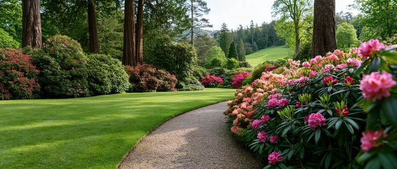 Curving gravel path lined with blooming rhododendrons in a lush green garden with tall trees and rolling lawns
