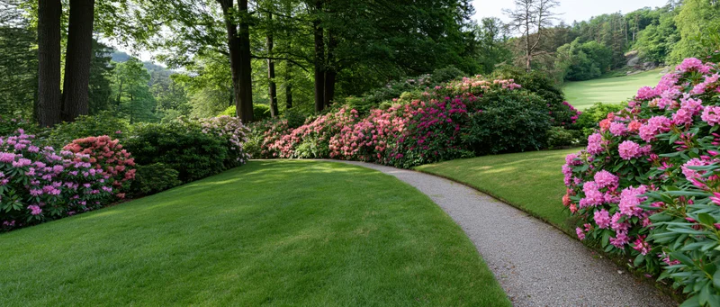 Winding gravel path through blooming rhododendron garden bordered by green lawn and trees