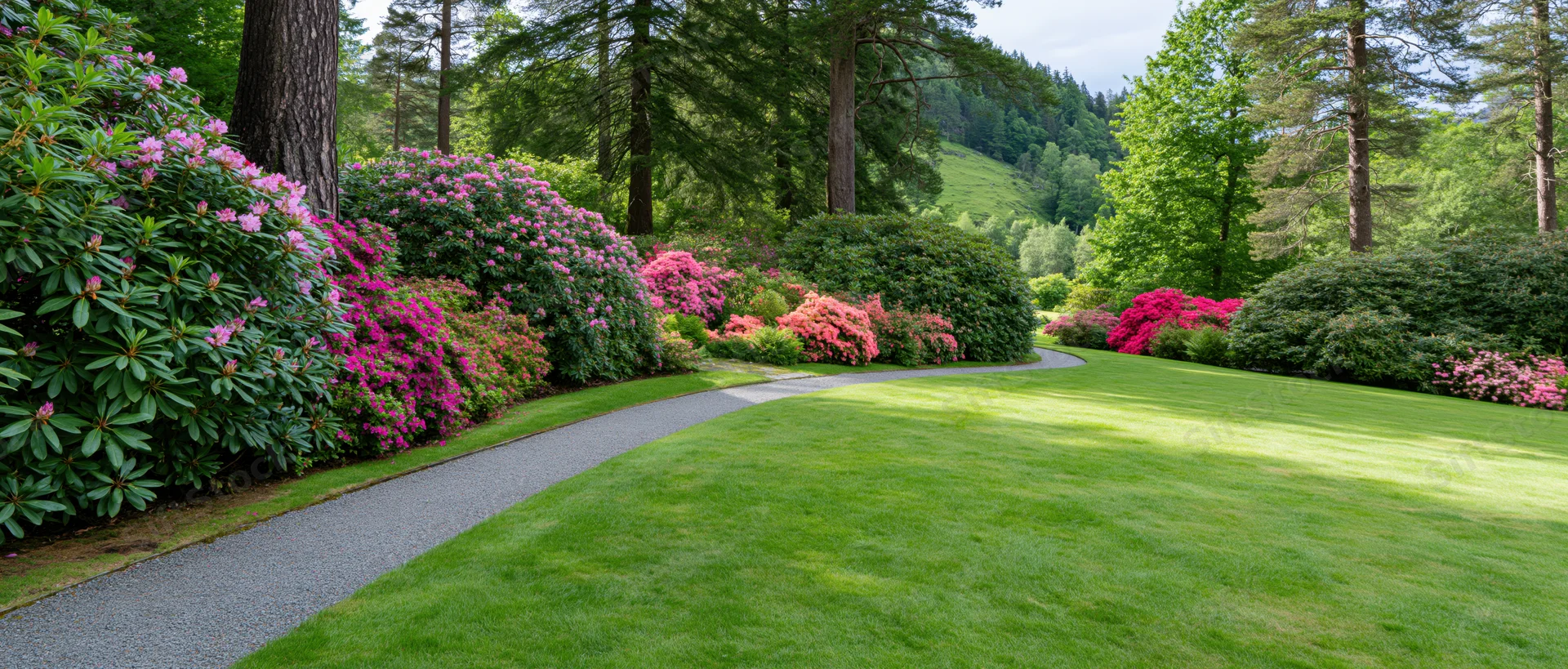 Winding gravel path through blooming rhododendron shrubs in a lush green garden surrounded by tall trees and rolling hills