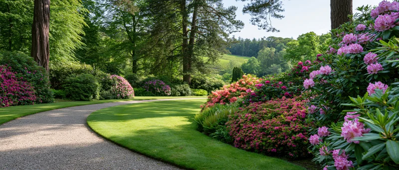 Winding gravel path through blooming rhododendron garden with green lawn and trees