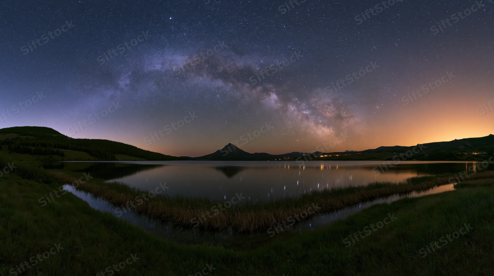 Milky way reflected in calm lake surrounded by mountains and grassy shores at night