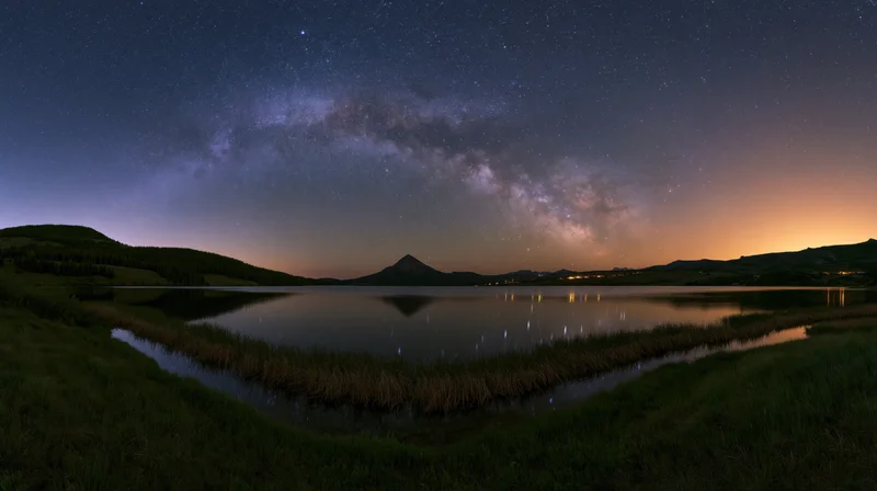 Milky way reflected in calm lake surrounded by mountains and grassy shores at night