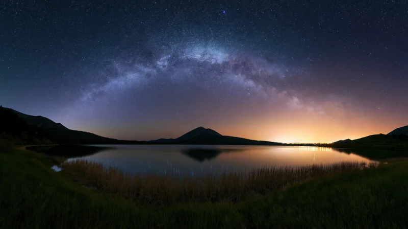 Milky way reflected in calm lake at night surrounded by mountains and grassy shore