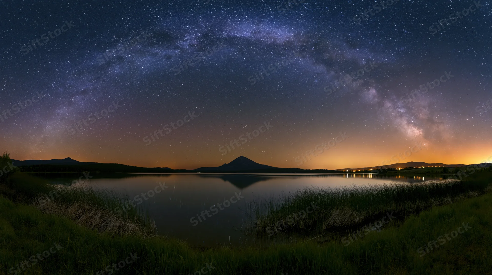 Milky way arching over a calm lake reflecting a distant mountain at twilight