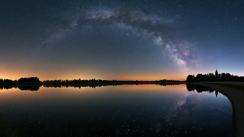 Milky way reflected in calm lake water at twilight with distant church silhouette on shore