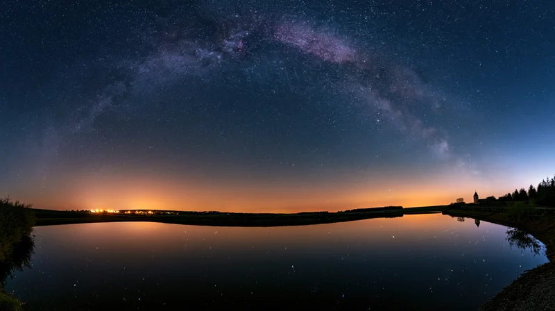 Milky way reflected in calm lake water at night under dark sky with distant horizon glow