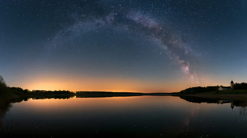 Milky way arching over a calm lake reflecting twilight sky and distant church on shore