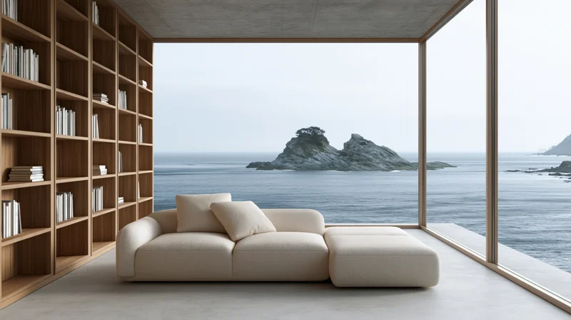 Beige sectional sofa in modern living room with panoramic ocean view through floor-to-ceiling windows