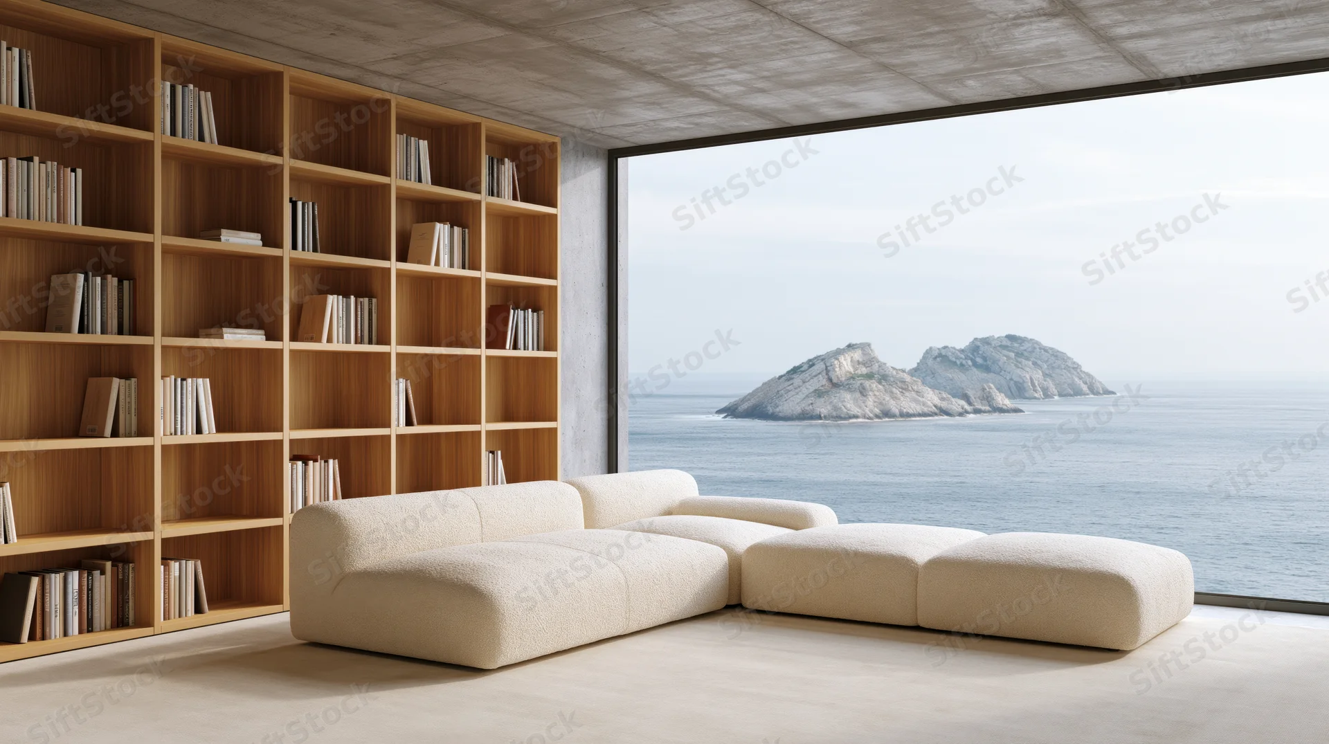 Beige modular sofa in front of wooden bookshelf with ocean view through large window