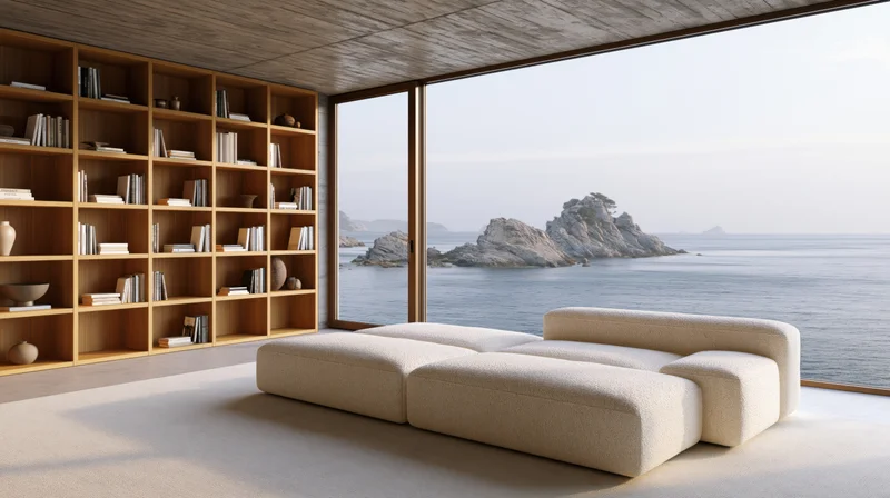 Beige modular sofa in front of large window overlooking ocean with rocky island, beside wooden bookshelf filled with books in modern living room