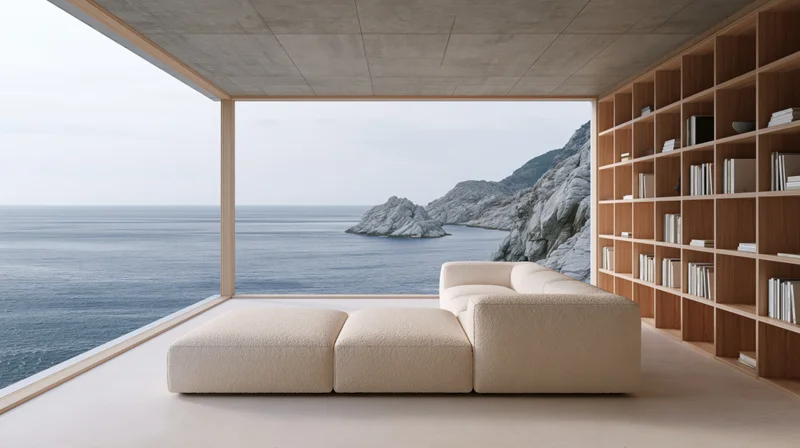 Beige modular sofa in modern living room with panoramic ocean view and wooden bookshelf along rocky coastline