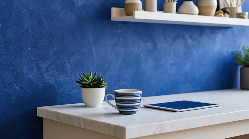 Blue textured wall behind a marble desk with a striped mug, small succulent, and tablet on it
