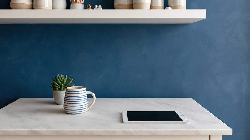 Tablet on a marble desk beside a striped mug and small succulent plant in a home office setting