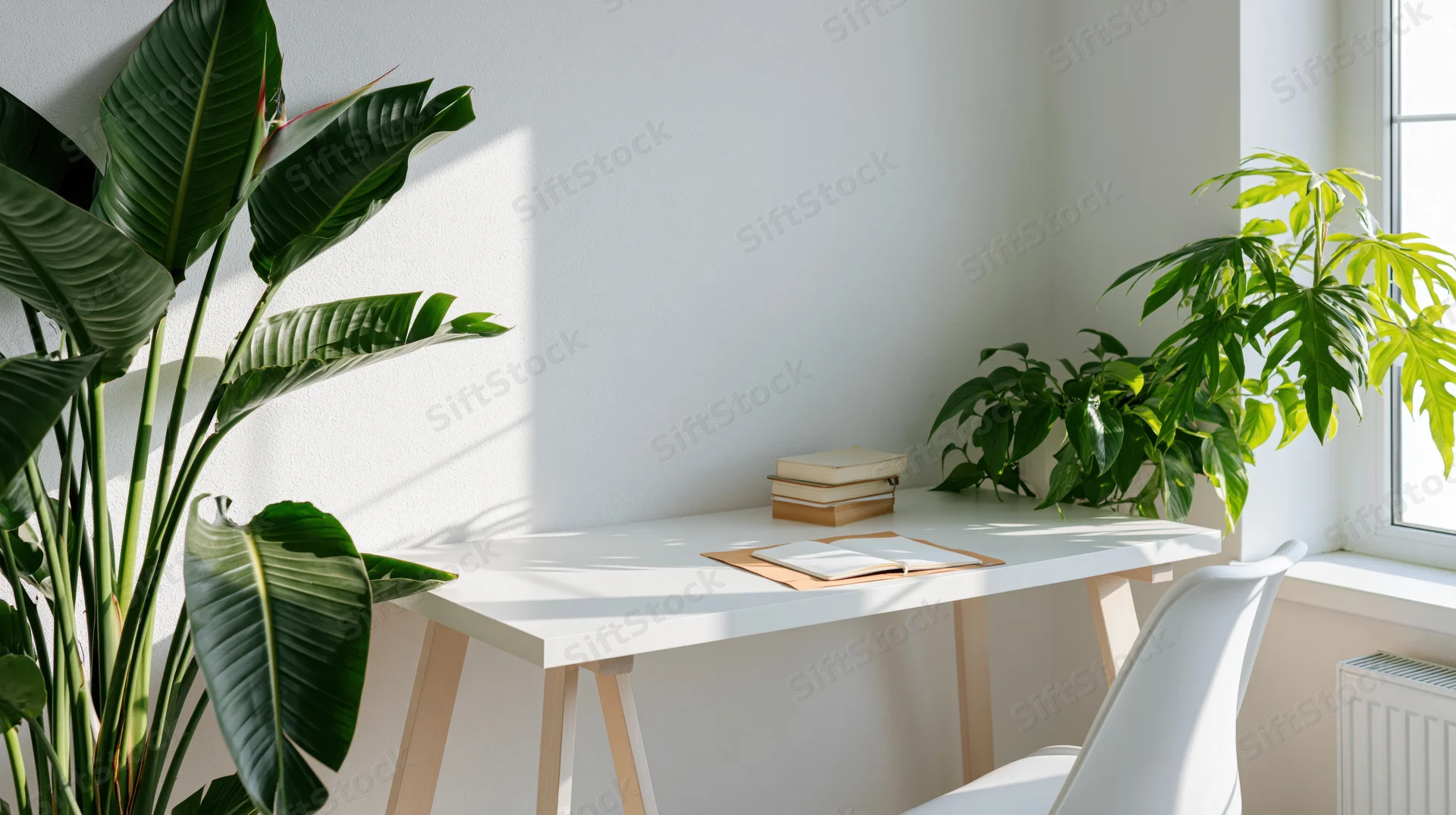 White desk with plants and books in a bright home office corner