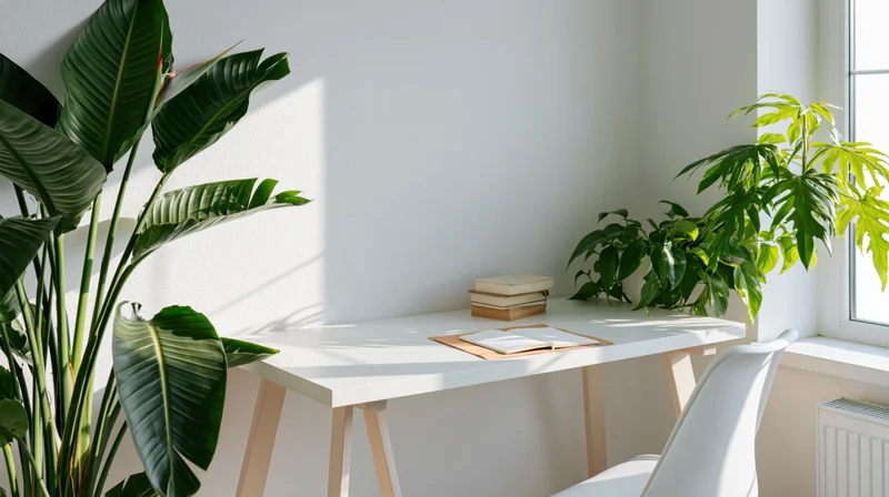White desk with plants and books in a bright home office corner