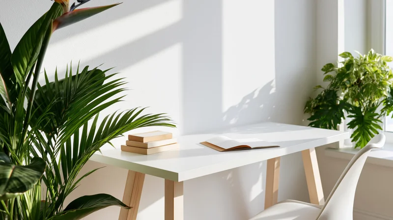 White desk with open book and potted plants near window in home office space