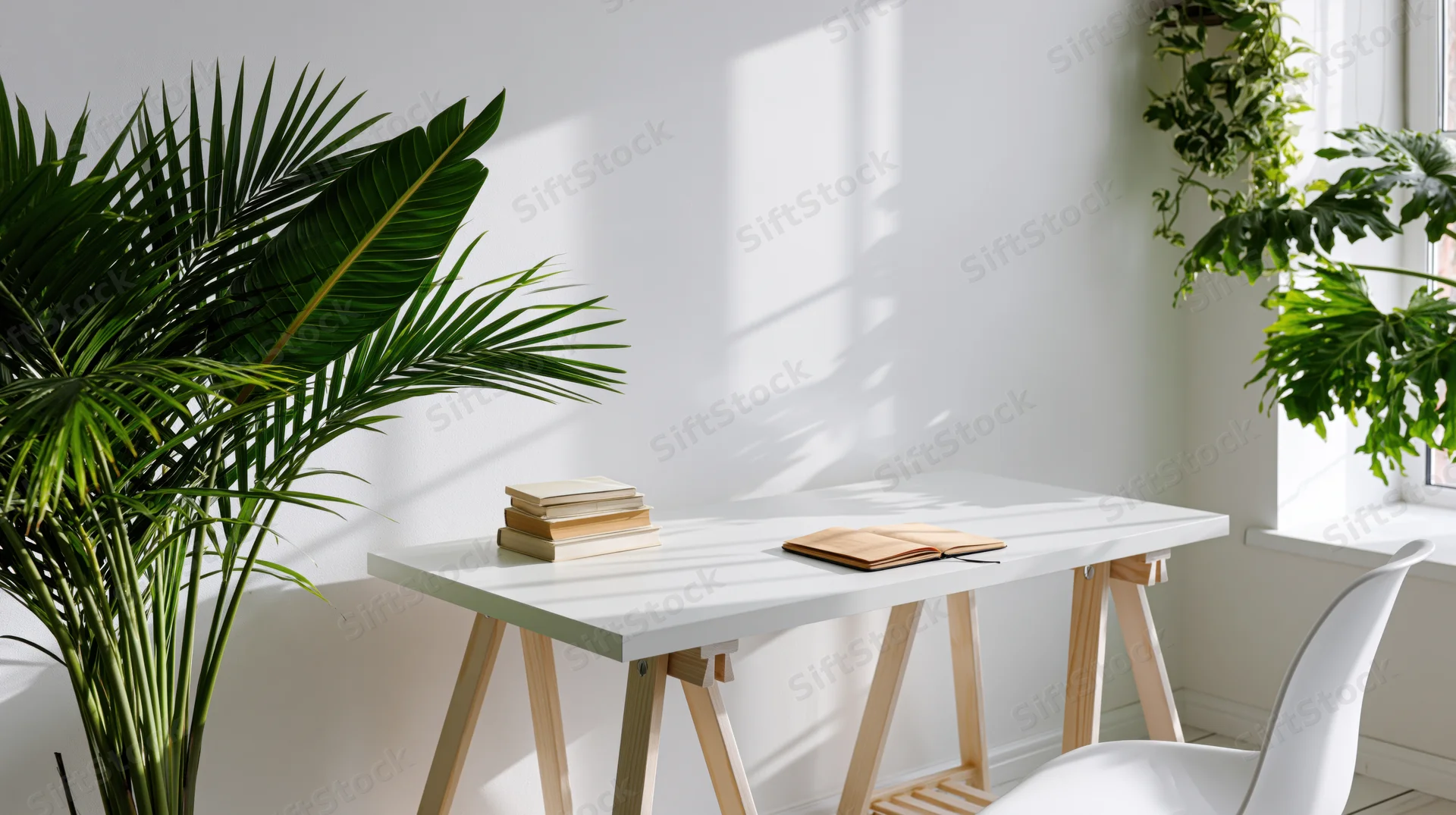 White desk with books and plants in a sunlit home office space