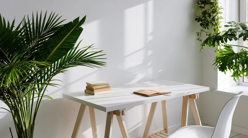 White desk with books and plants in a sunlit home office space