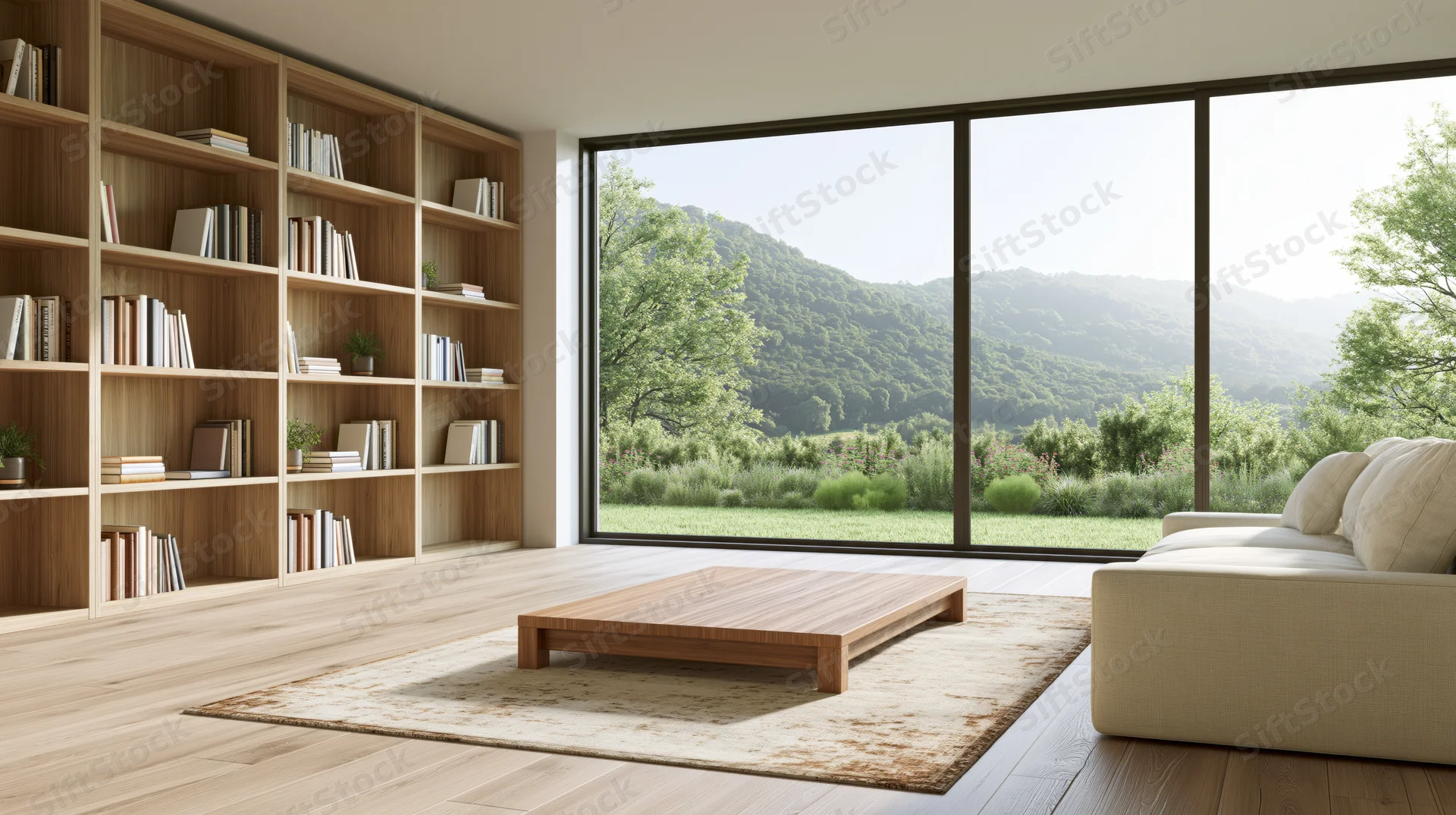 Modern living room with wooden furniture and large windows overlooking green mountains
