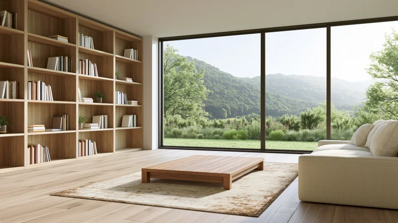 Modern living room with wooden furniture and large windows overlooking green mountains