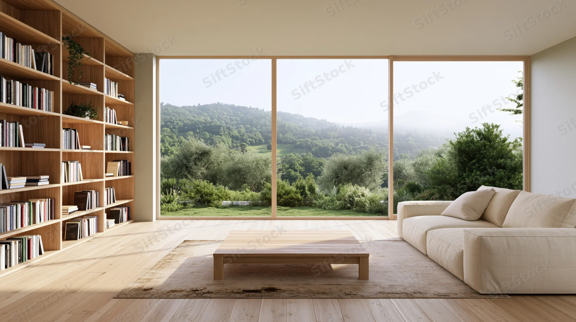Modern living room with wooden furniture and large windows overlooking green hills