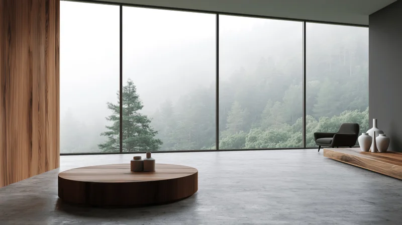 Modern minimalist living room with panoramic forest view through floor-to-ceiling windows