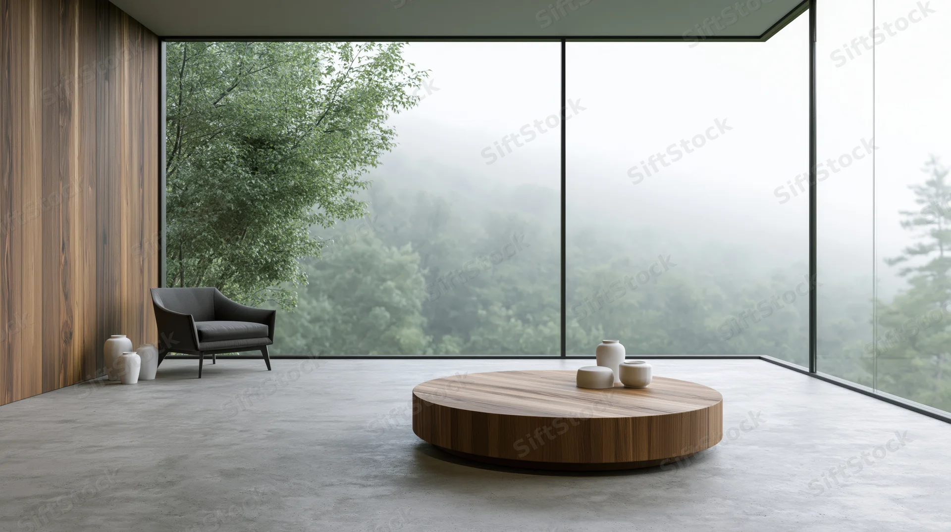 Minimalist living room with wooden furniture and panoramic forest view through floor-to-ceiling glass windows