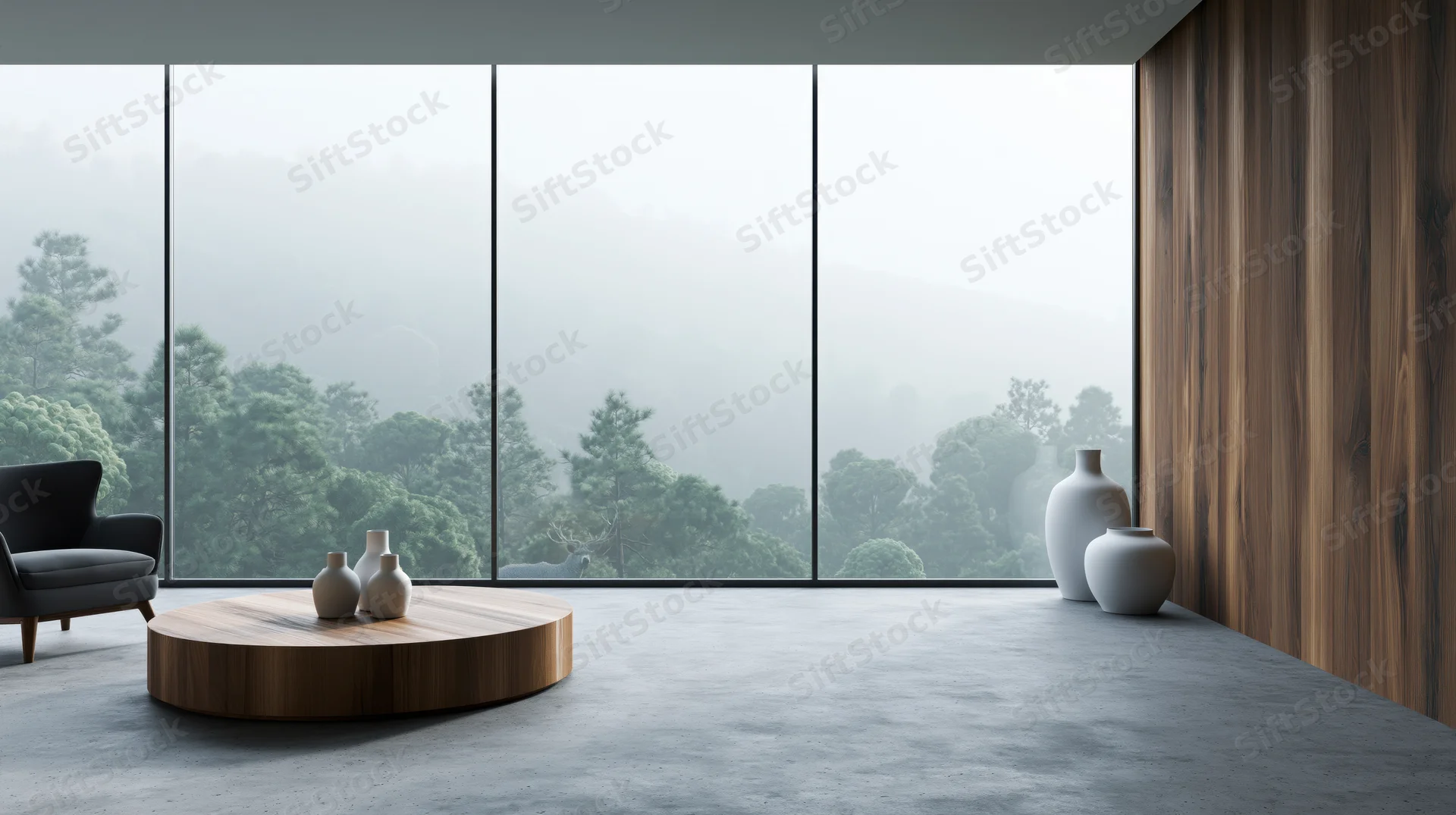 Minimalist living room with panoramic forest view through floor-to-ceiling windows, featuring wooden table, ceramic vases, and black armchair on concrete floor
