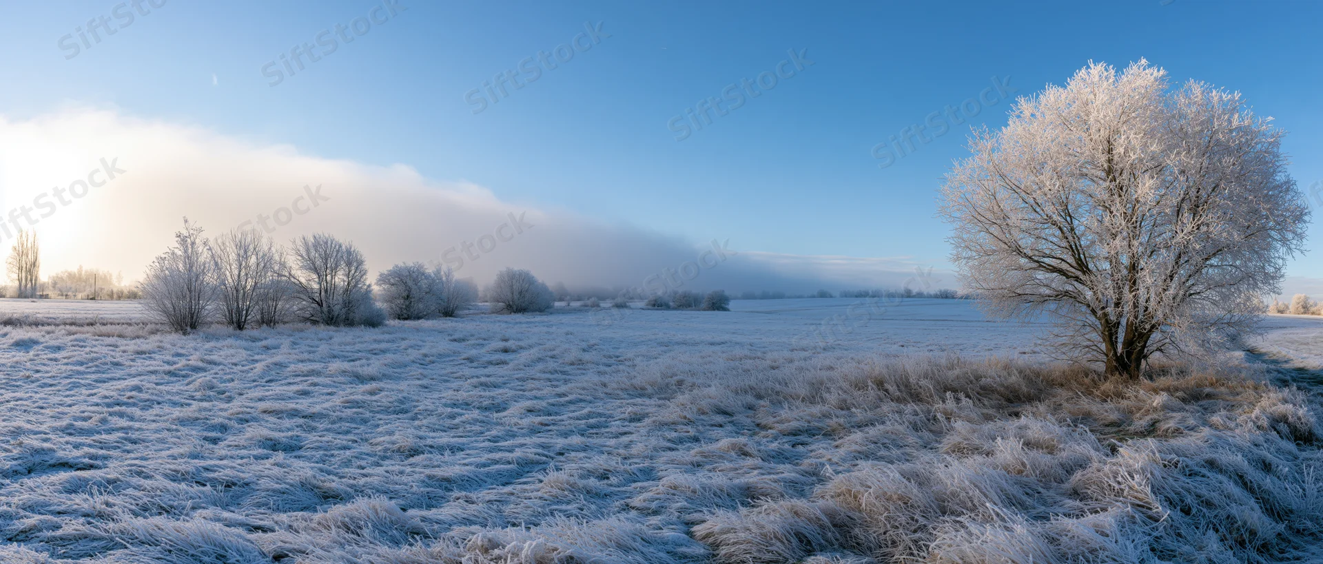 Frost-covered field with bare trees under a clear blue sky at dawn