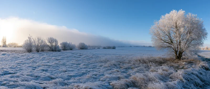Frost-covered field with bare trees under a clear blue sky at dawn