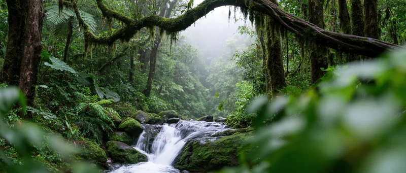 Waterfall cascading over moss-covered rocks in a dense rainforest canopy