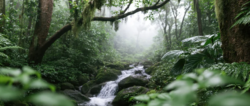 A small stream cascading over moss-covered rocks through a dense rainforest canopy