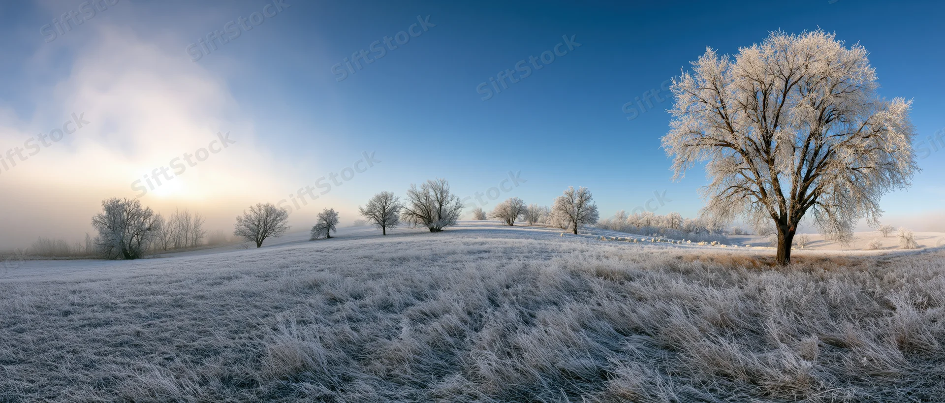 Frost-covered field with bare trees under a clear blue sky at sunrise
