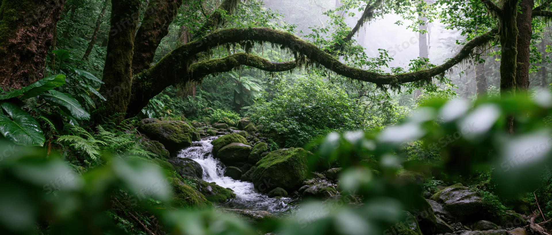 Moss-covered trees arching over a flowing stream in a dense rainforest