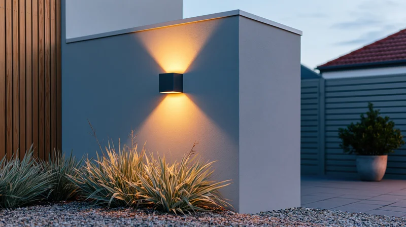 Modern outdoor wall sconce illuminating garden plants at dusk near a patio