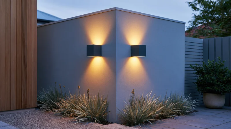 Modern outdoor wall sconces illuminating a garden patio at dusk