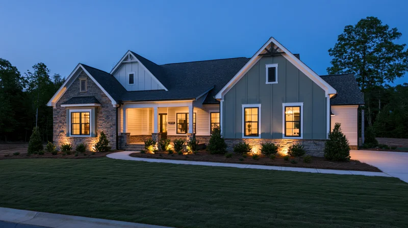 Modern farmhouse house exterior with stone and siding, illuminated porch and landscaping at twilight