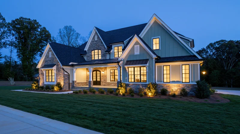 Two-story house with stone and siding exterior illuminated at dusk, featuring front porch, landscaping, and driveway