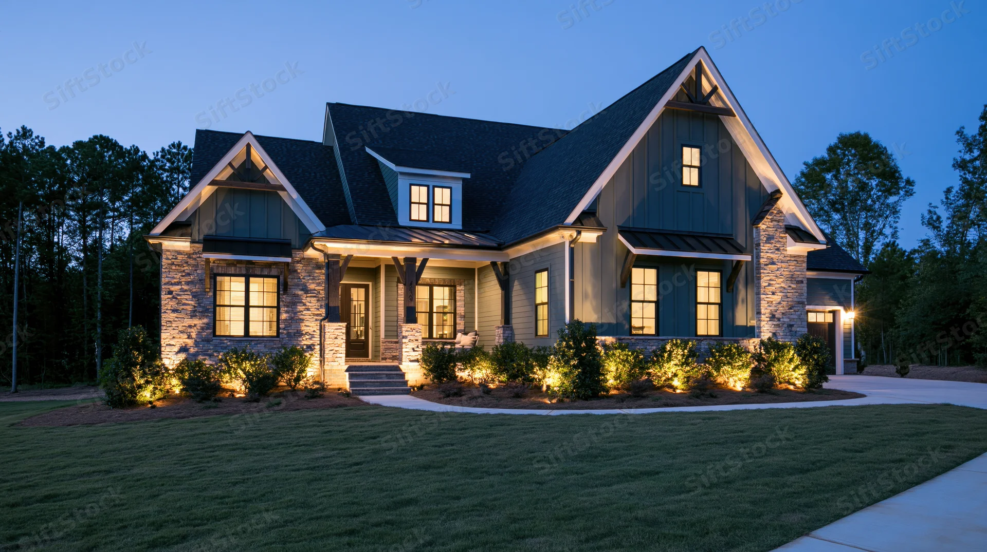 Modern farmhouse house exterior with stone accents and warm outdoor lighting at twilight