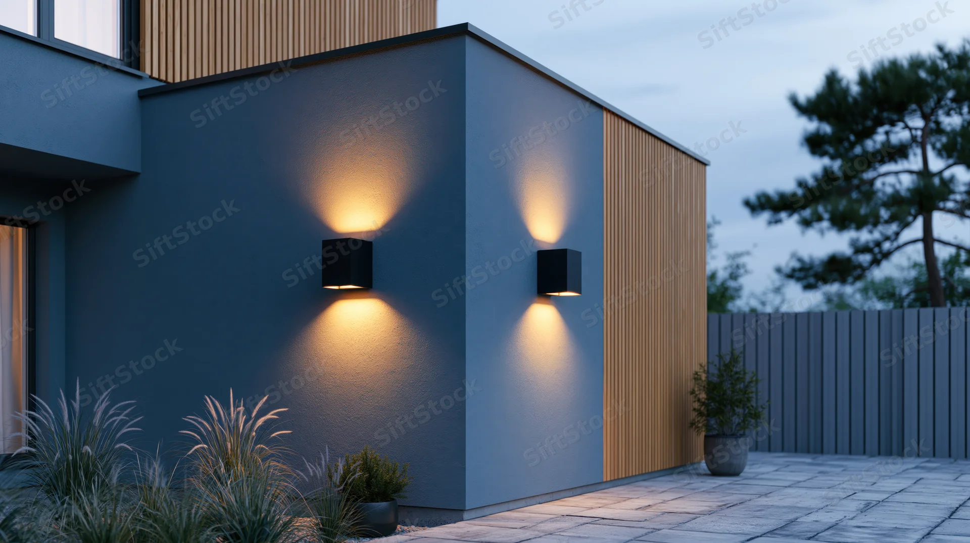 Modern house exterior with wall-mounted sconces illuminating a blue facade and tiled patio at dusk