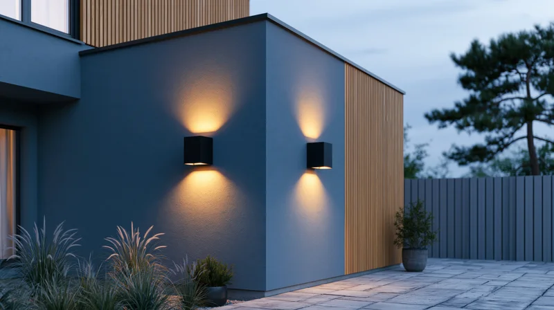 Modern house exterior with wall-mounted sconces illuminating a blue facade and tiled patio at dusk
