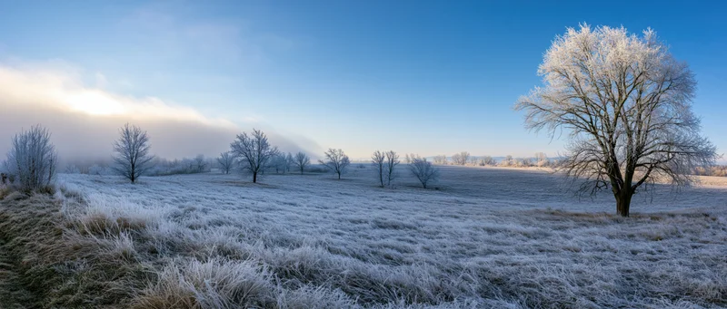 Frost-covered field with bare trees under a clear blue sky at dawn